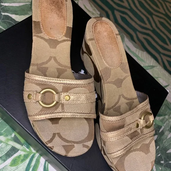 Coach Signature Canvas Tan Wedge Sandals with Gold Accent - Picture 2 of 6